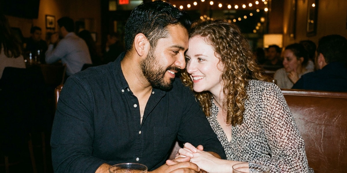A couple leaning close together in a dim bar