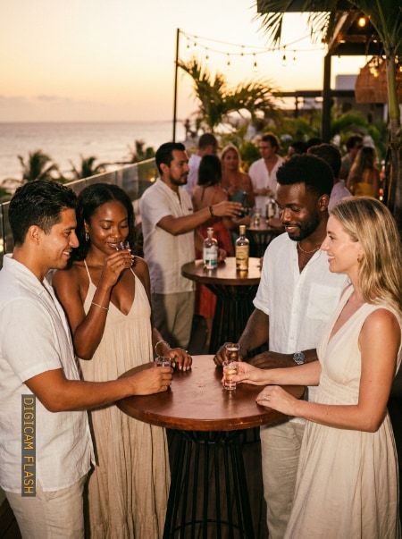 Guests tasting mezcal on a rooftop at sunset